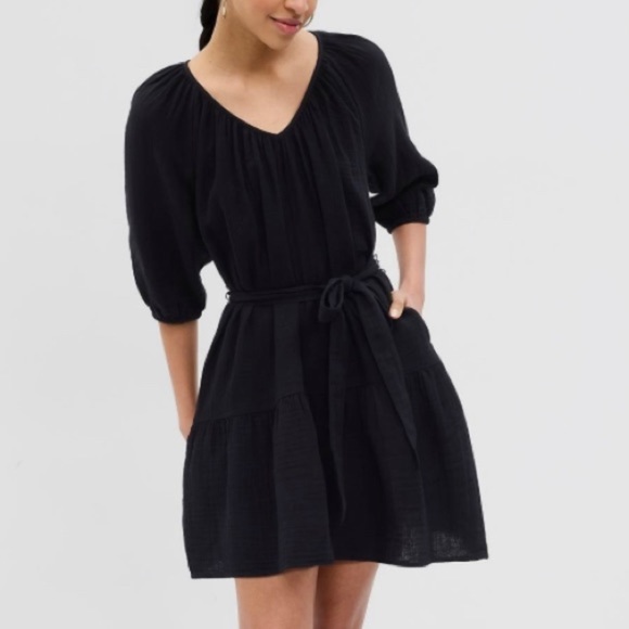 GAP Dresses & Skirts - Black Crinkle Tiered Black Gap Mini Dress w/ detachable tie, puff sleeves, tall